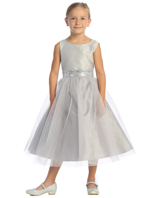 Girls Silver V Back Trim Shantung Sparkle Tulle Flower Girl Dress 2T-10 front SophiasStyle.com